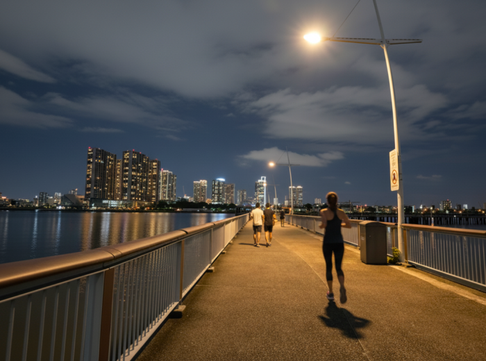 Marina Bay skyline from the waterfront loop at dusk