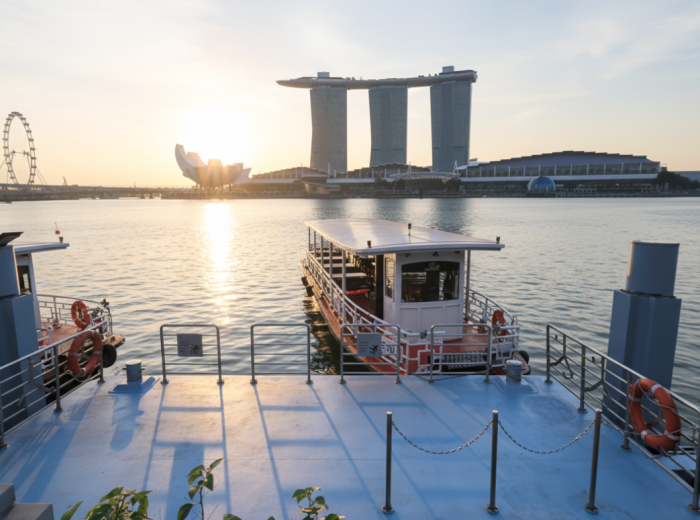 Early morning calm at Marina Bay, soft light over the river