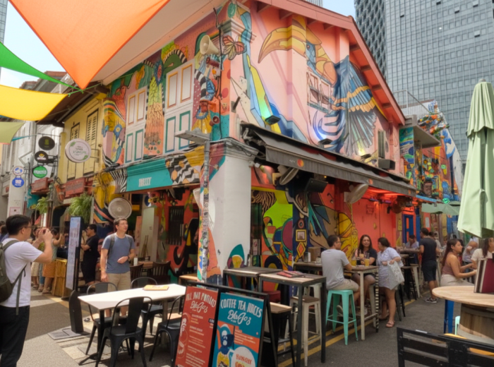 Colorful shopfronts along Haji Lane with cafes and street art