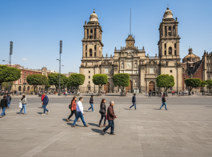 Cathedral facade glowing at dawn from the Zócalo