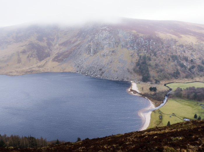 Misty lakes and quiet valleys in the Wicklow Mountains at dawn