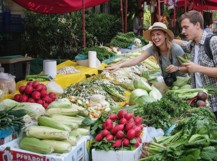 Vendor stacking chiles at Coyoacán tianguis
