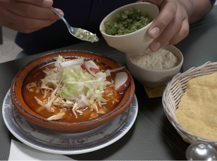 Steaming pozole with radish and cabbage on top