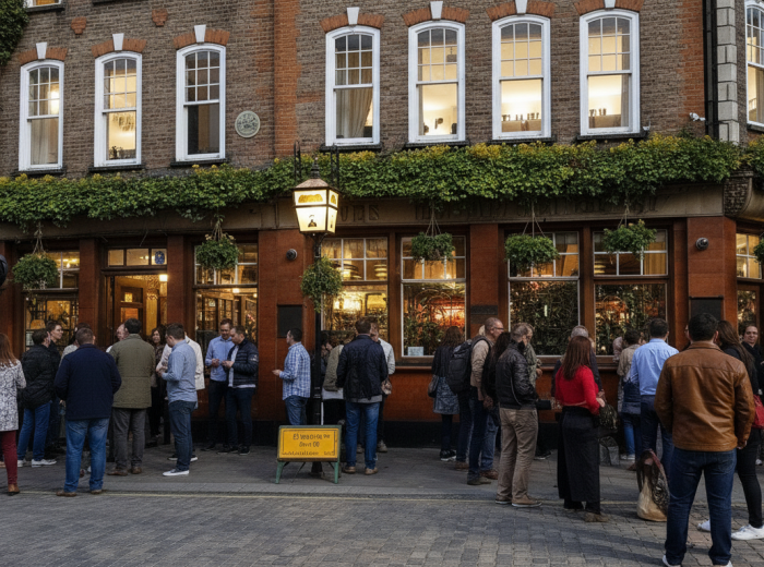 Soho street at night with pub crowds outside