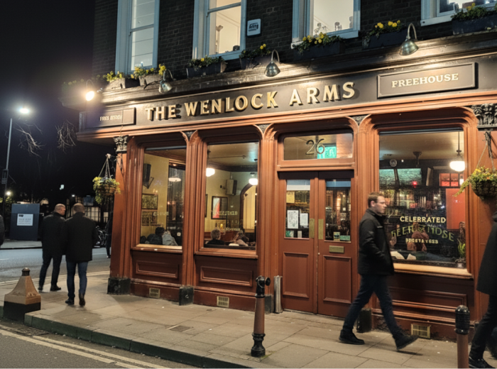 classic London pub exterior with warm lights
