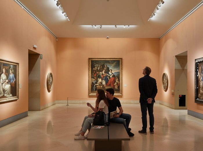 Small museum gallery with few visitors looking at art