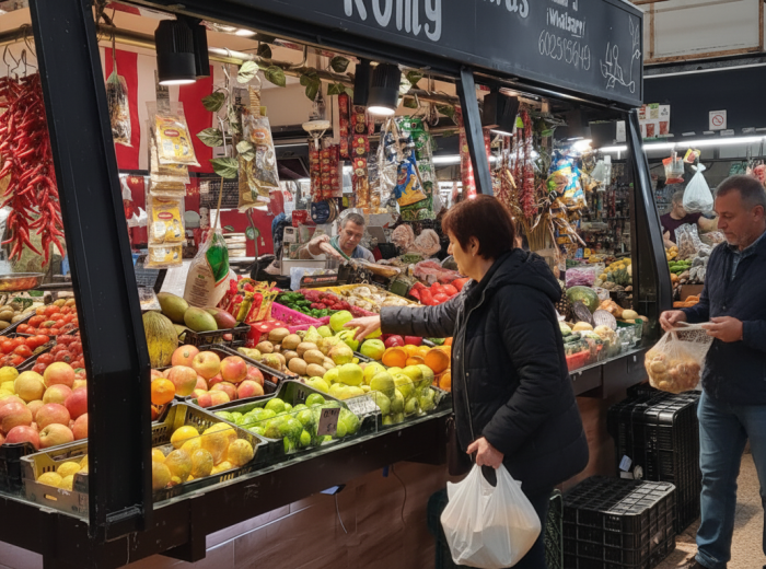 Indoor market with produce stalls, local shoppers with baskets
