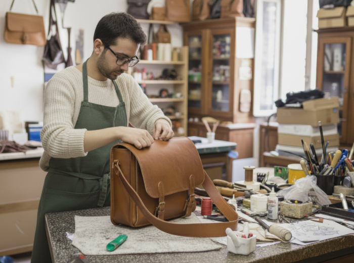 Artisan leather workshop with handcrafted bags and accessories
