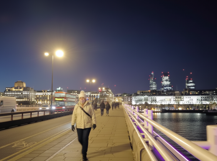 Waterloo Bridge with traffic and reflections on the Thames