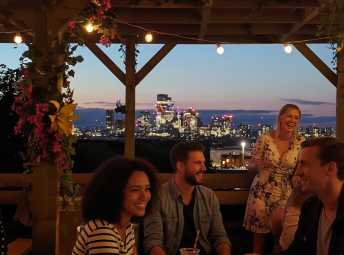 Peckham rooftop bar with skyline backdrop and string lights