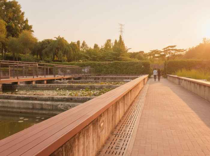 Dawn light over converted filtration tanks at Seonyudo Park