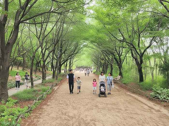 Families and people along Seoul Forest's tree-lined paths 