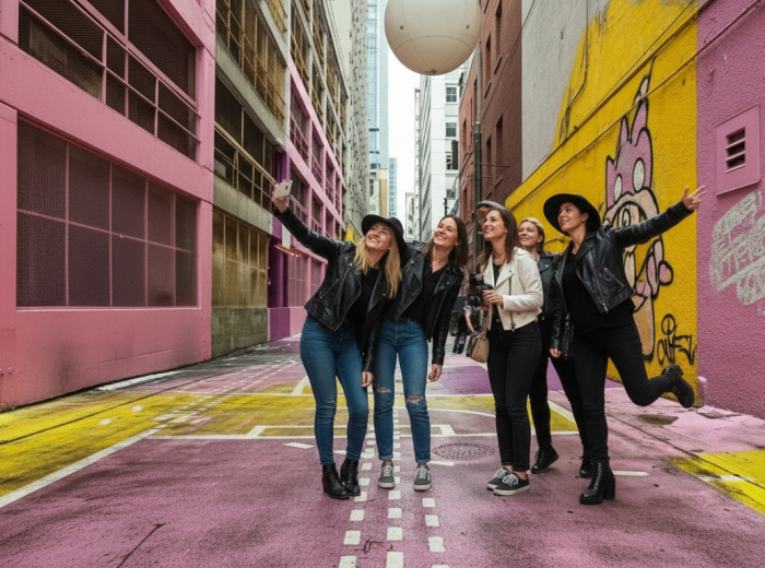 Colorful mural covering garage door in Strathcona alley