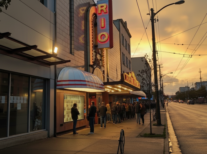 Rio Theatre's iconic neon sign glowing against evening sky