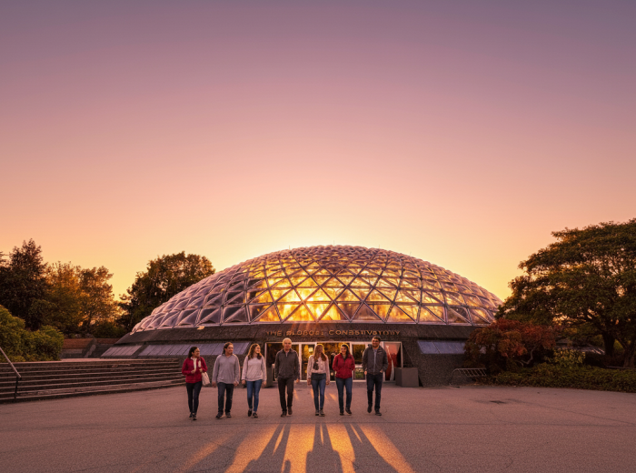 Bloedel Conservatory's geometric glass dome glowing at sunset