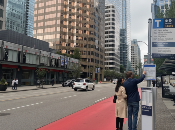 Person consulting transit map while standing at Vancouver bus stop in rain