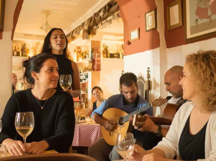 Small tasca in Alfama, with fado musicians playing to a quiet, intimate crowd