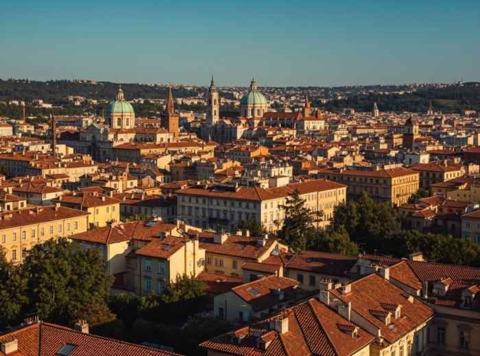 Golden hour sunlight over terracotta rooftops with distant bell towers