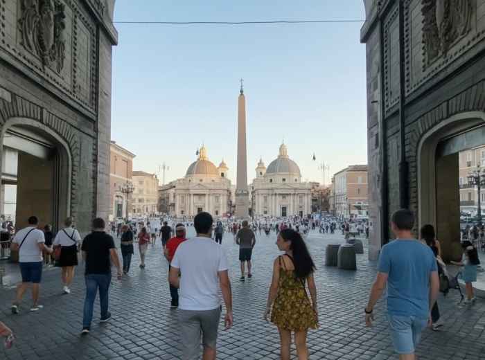 Spacious Piazza del Popolo with twin churches and an Egyptian obelisk