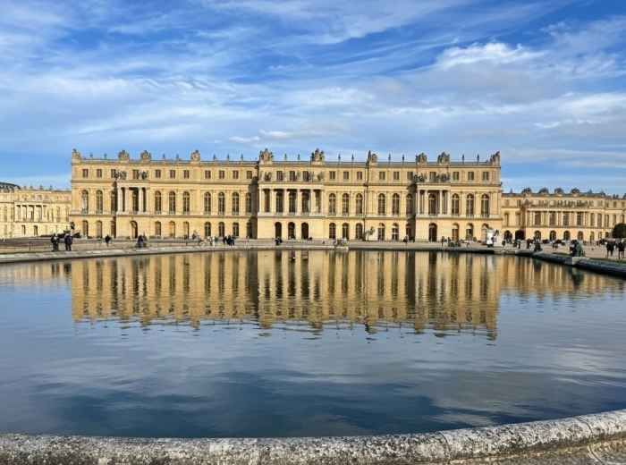 Aerial view of Versailles Palace gardens with geometric patterns