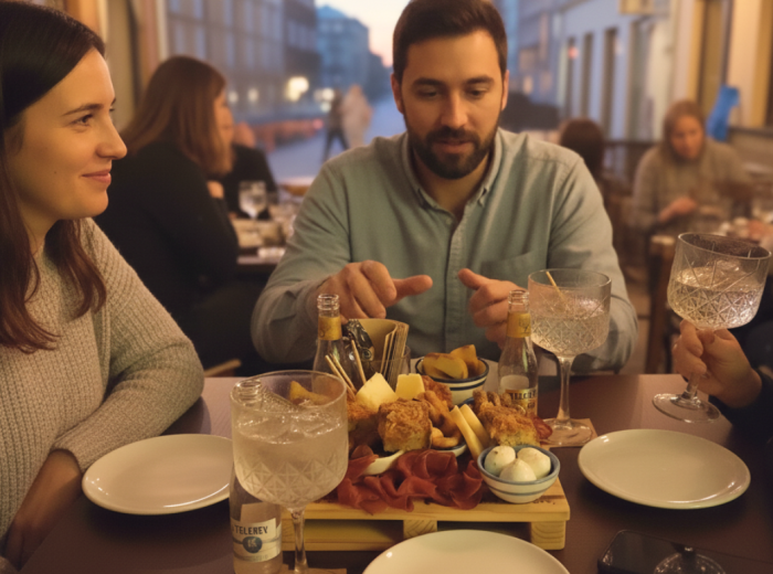 Aperitivo spread with drinks and small plates on outdoor table at golden hour