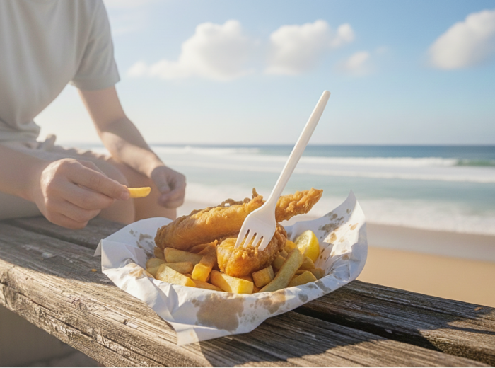 Paper-wrapped fish and chips with steam rising on a seaside bench
