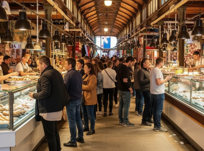 Crowded Madrid food market with locals at different counters