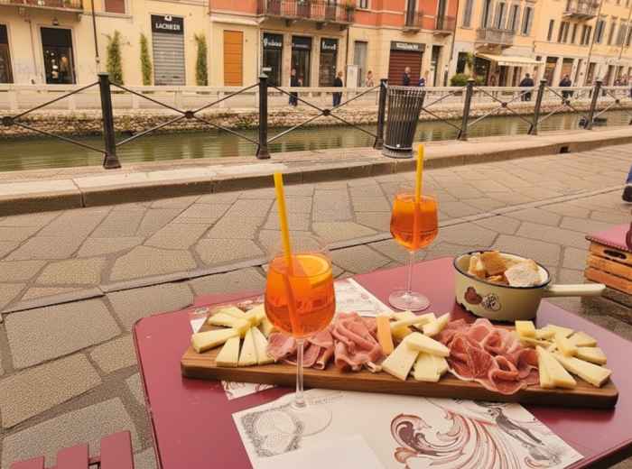 Canal-side dining along Navigli at sunset with outdoor seating