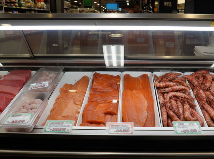 Fresh spot prawns and salmon displayed at Granville Island market