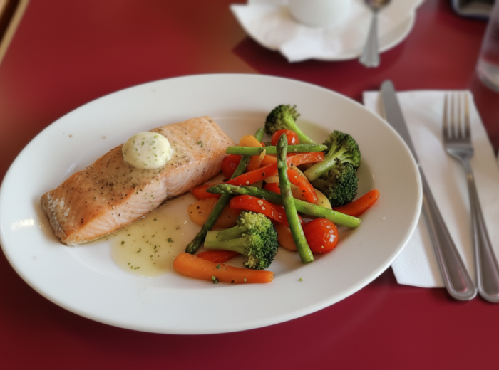 Flame-seared salmon with seasonal vegetables