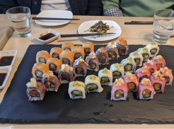 Beautiful presentation of sushi rolls with vibrant fish