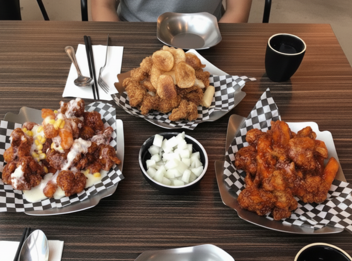 Crispy double-fried Korean fried chicken served with pickled radish and sauce