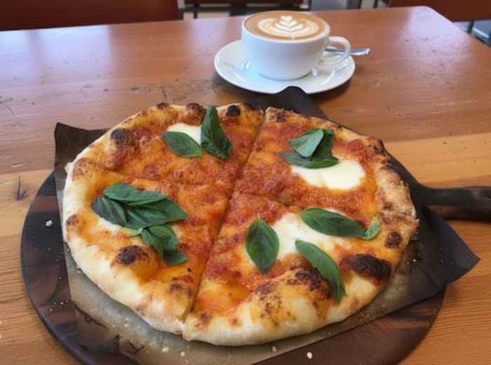 A gluten-free pizza with a crispy crust, fresh toppings, and melted cheese