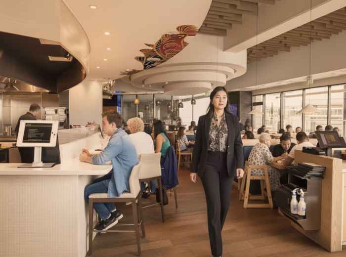 Bustling Vancouver restaurant interior with diners and servers