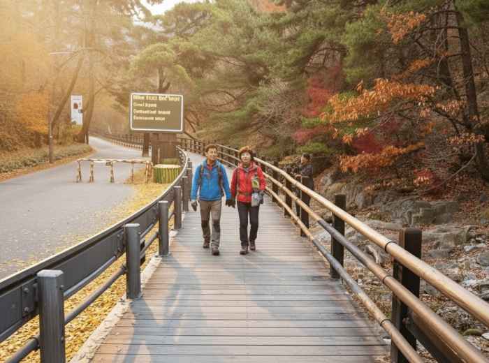 Garden of Morning Calm footbridge in autumn