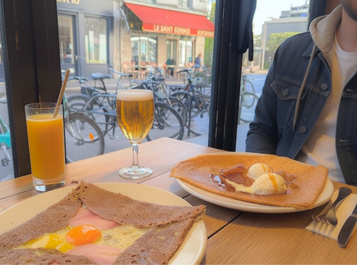 Buckwheat galette with egg and ham, cider on the side, Breizh Café