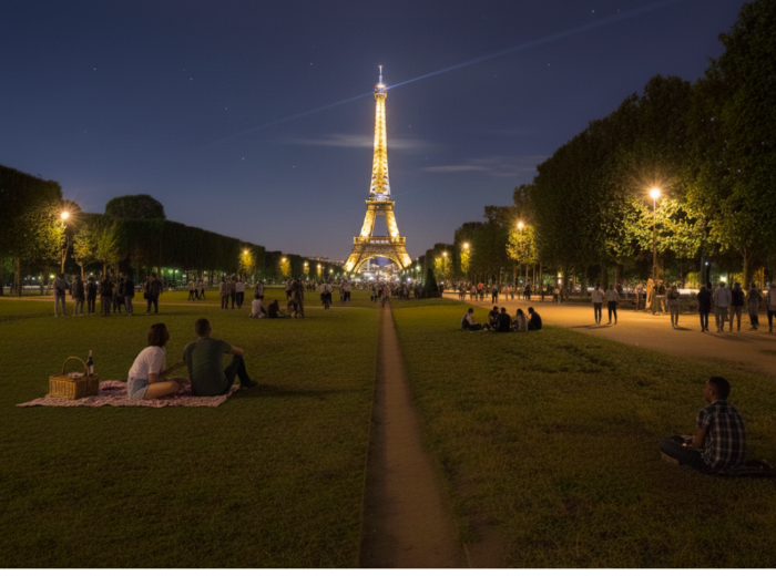 People picnicking on Champ de Mars lawn with illuminated Eiffel Tower behind