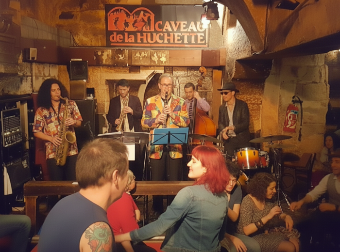 Intimate jazz club basement with a musicians performing for a small crowd