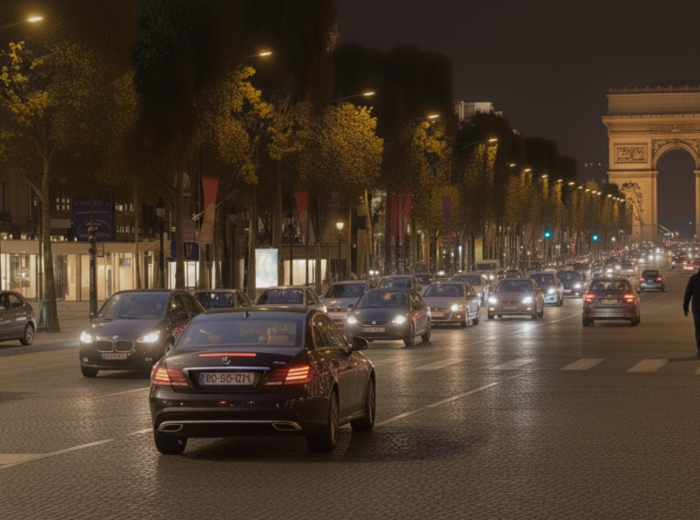 Champs-Élysées Avenue stretches toward the Arc de Triomphe with lights glowing