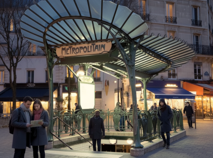 Illuminated Paris Metro entrance sign with stairs leading down