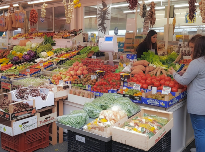 Testaccio Market at dawn with vendors arranging produce