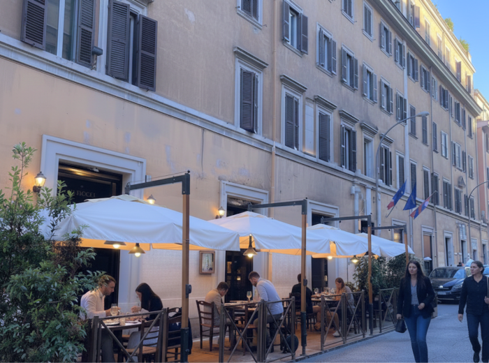 Trattoria Pennestri with 1920s architecture and outdoor cafe tables