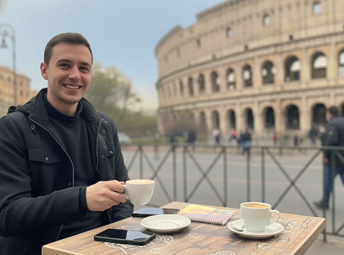 Local Romans at outdoor cafe in Monti with Colosseum visible