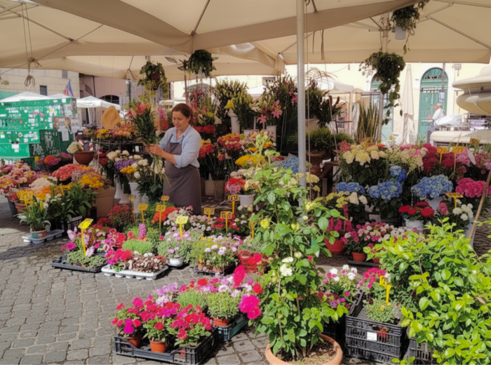Campo de Fiori morning market with flower stalls and vegetable vendors