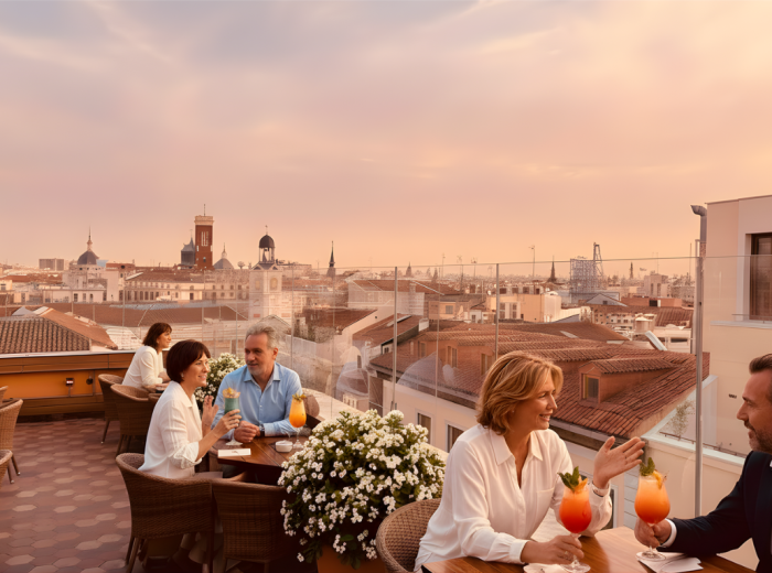 Malasaña rooftops at golden hour with terrace crowds
