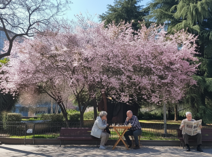 Small neighborhood park with benches under trees near Almagro
