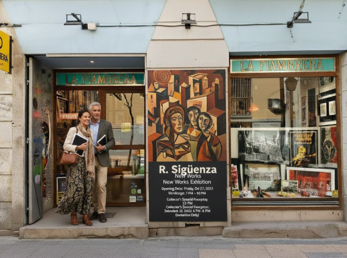 Art gallery entrance with exhibitions poster on Letras street La Fiambrera Gallery