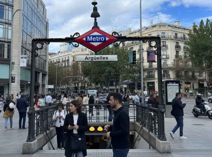 Metro station entrance in residential Argüelles neighborhood