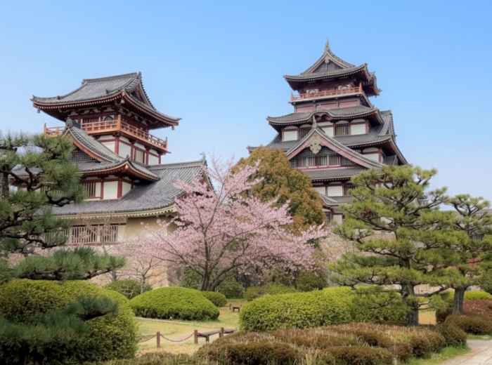 Fushimi Momoyama Castle on a quiet hilltop framed by blooming cherry trees