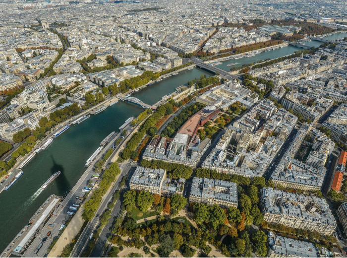 Aerial view of Paris arrondissements from Seine River center